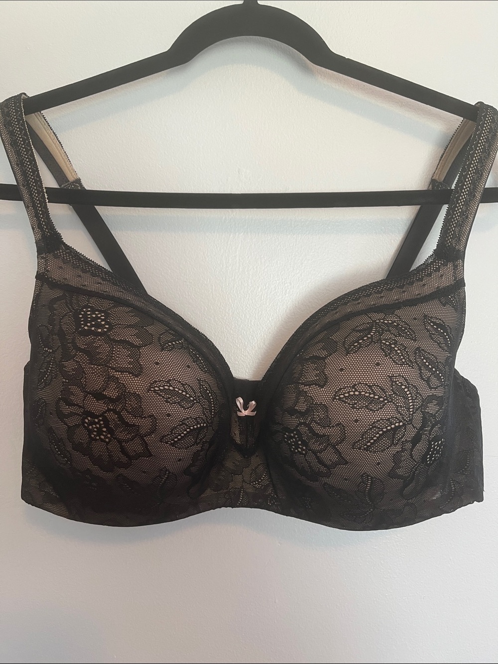 Cacique Black Lace Underwire Bra with Floral Lace and Pink Bow size 38DDD